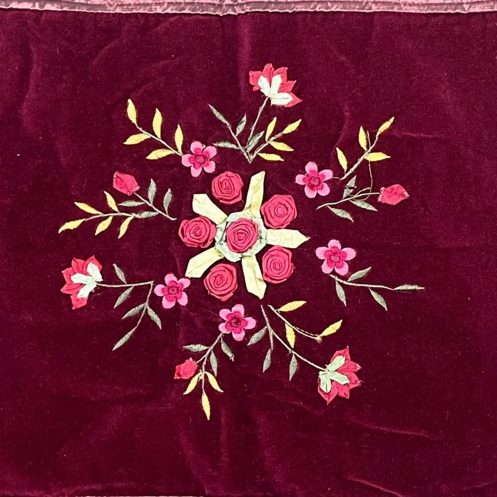 Pair Peking Handicraft Burgundy Velvet Ribbon Embroidery Standard Pillow Shams